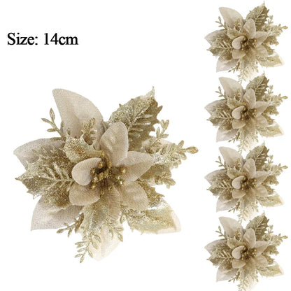 10/1Pc Christmas Glitter Artificial Flowers DIY Christmas Tree Hanging Ornaments Fake Flower For Xmas New Year Party Decor Gifts