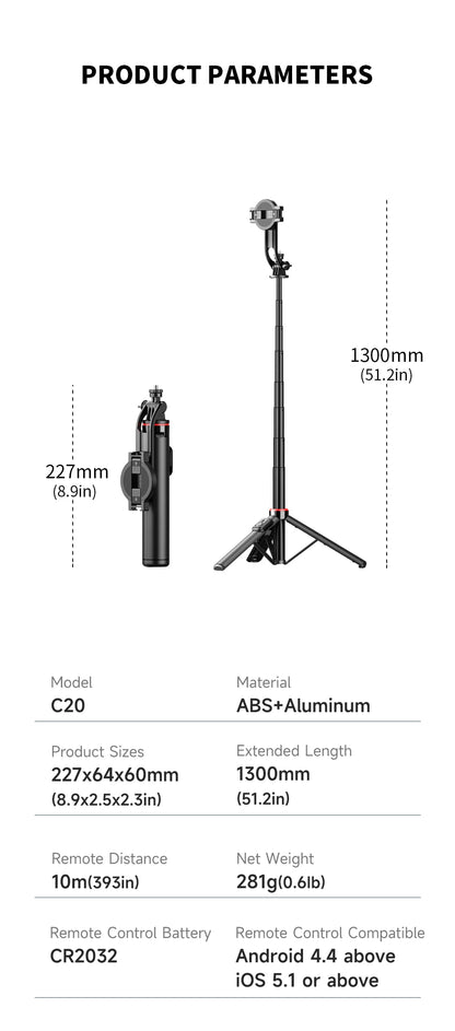 C20 Magnetic Selfie Stick Tripod for iPhone 12-16 Pro Max Travel Stand with Magsafe Phone Clamp for Android Smartphone