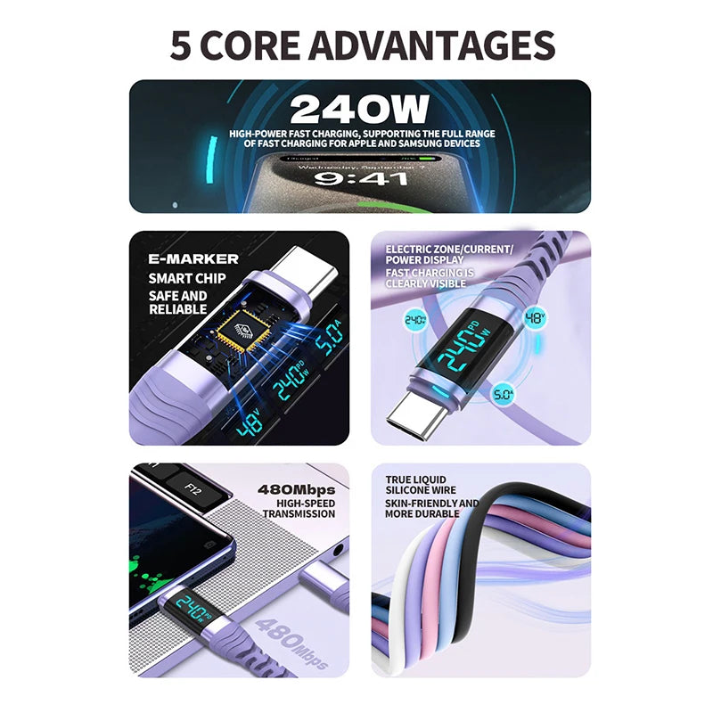 240W USB C Cable with Digital Display PD3.1 Fast Charging Cord for iPhone 17/1615 Pro Max Huawei Xiaomi iPad Laptop