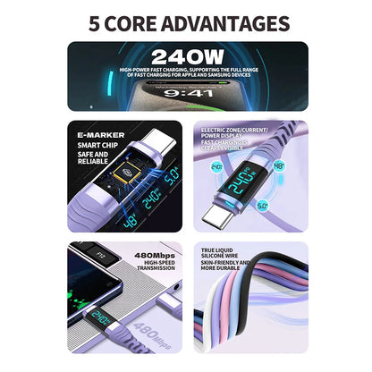 240W USB C Cable with Digital Display PD3.1 Fast Charging Cord for iPhone 17/1615 Pro Max Huawei Xiaomi iPad Laptop