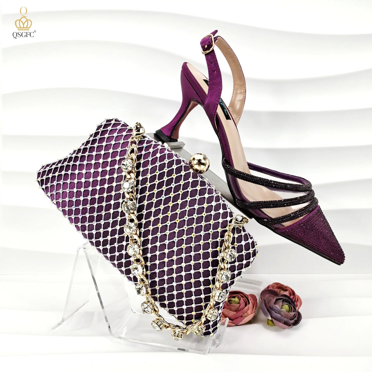 QSGFC African Women's Fashion Crystal Square Button Pointed High Heels Water Diamond Shiny Wine Color Sandal Bag Set