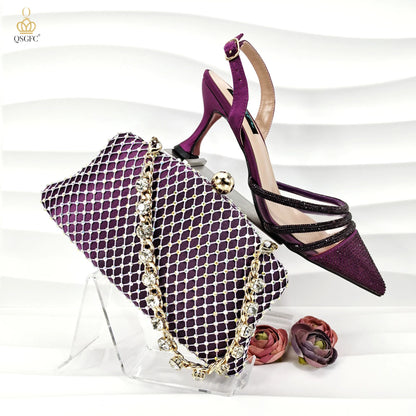 QSGFC African Women's Fashion Crystal Square Button Pointed High Heels Water Diamond Shiny Wine Color Sandal Bag Set