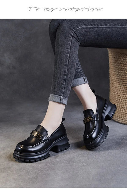 DRKANOL Women Genuine Leather Loafers 2026 Spring Autumn Thick High Heel Chunky Platform Handmade Retro Metal Trend Casual Shoes