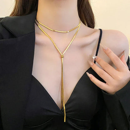 316L Stainless Steel New Fashion Fine Jewelry 134cm Pull Adjusting Charm Flat Snake Chain Choker Necklaces Pendants For Women