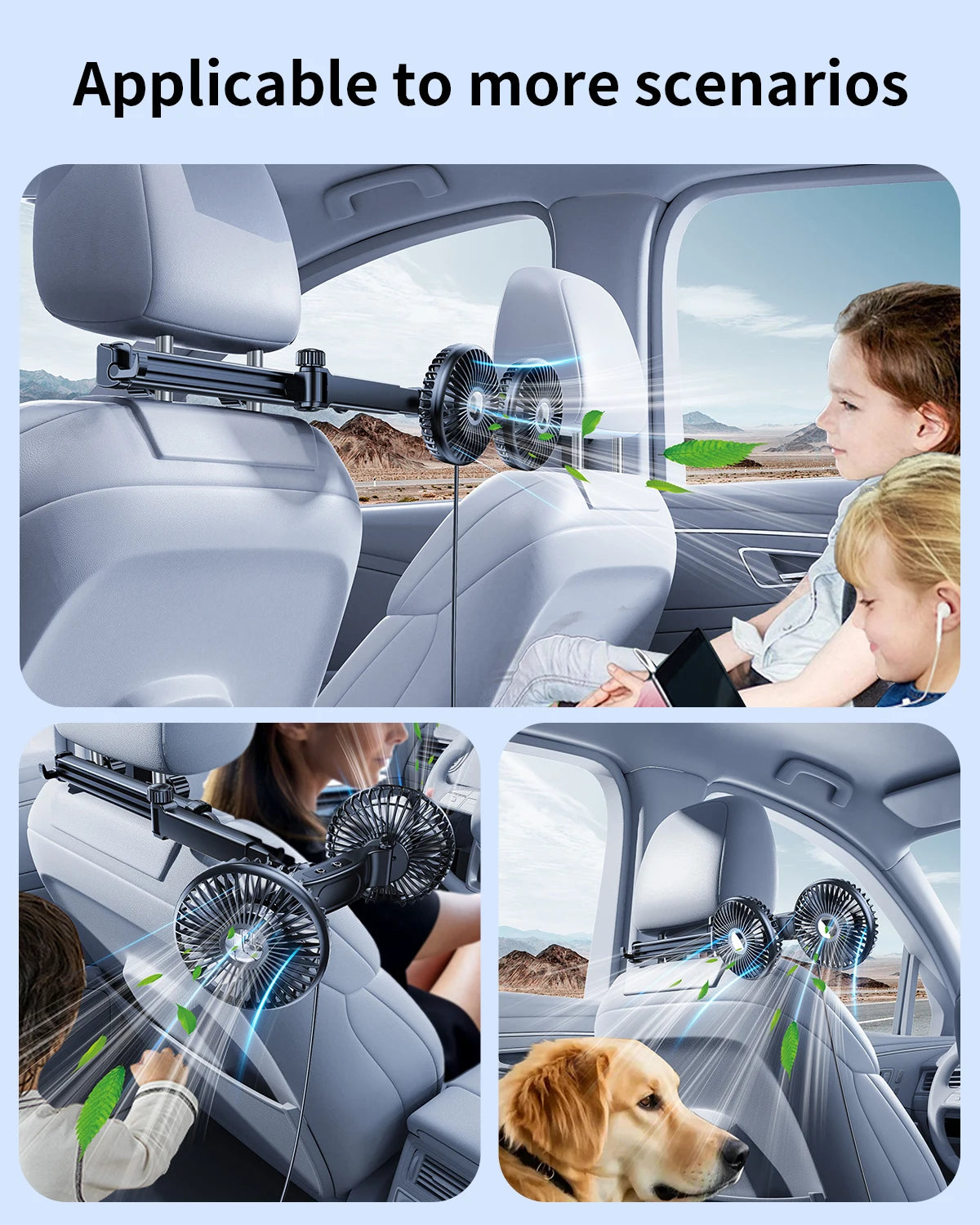 Eary Car Dual Head Fan Mount Back Seat With 3 Wind Speeds 360 Multi-Angle Adjustable Summer Air Cooling Fan With 2 Hidden Hooks