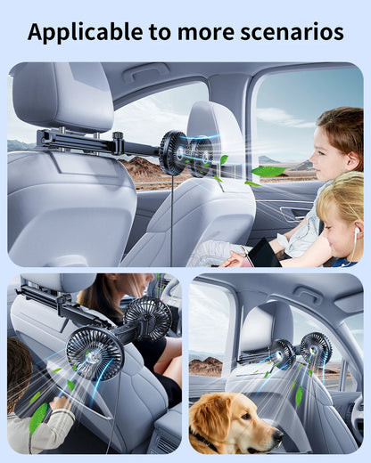 Eary Car Dual Head Fan Mount Back Seat With 3 Wind Speeds 360 Multi-Angle Adjustable Summer Air Cooling Fan With 2 Hidden Hooks