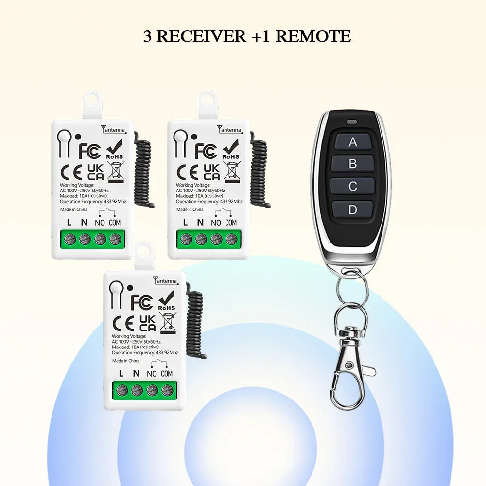 RF433MHz Dry Contact Wireless Remote Control Light Switch AC110V 220V 10A Mini Relay Module for Garage Control Lock LED DIY Lamp