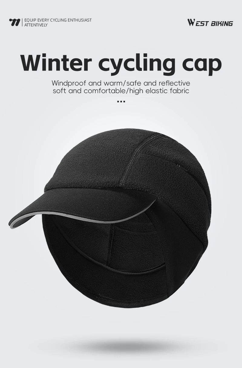 WEST BIKING Winter Cycling Cap With Brim Windproof Warm Sports Cap High Elastic Fleece Hiking Running Hat Cycling Equipment
