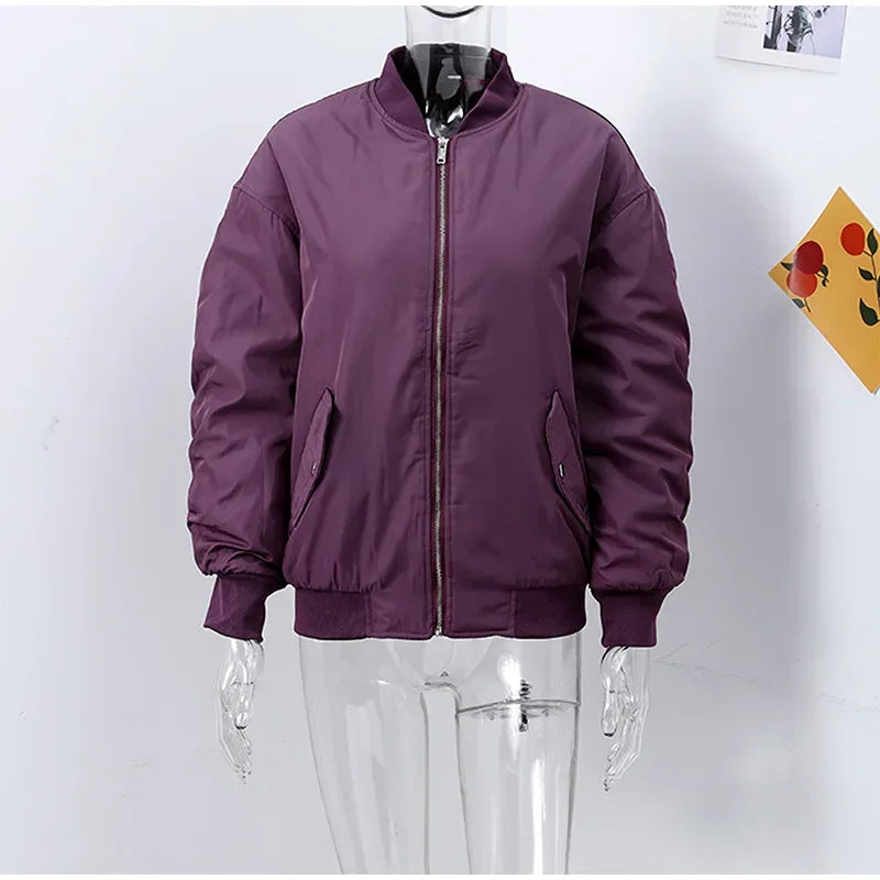 Retro Solid Zipper Cotton Jackets Women Casual Loose Bomber Jacket With Oblique Pockets Female Y2k Autumn Chic Street Outwear