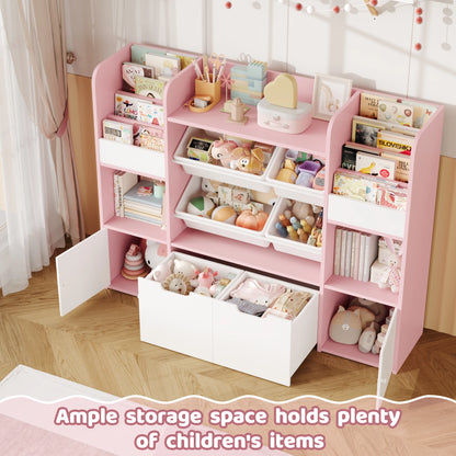 Getone Toy Storage Unit Children's Bookshelf Kid's Room Furniture Bookcase with 4 Boxing 2 boxing rolls 13 shelves 126x30x104cm
