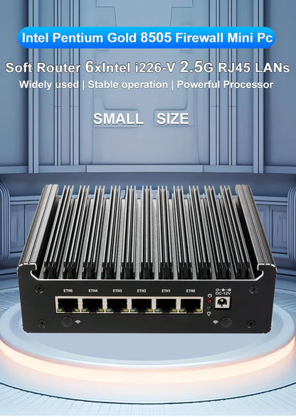 Intel Pentium Gold 8505 Soft Router 6 Lans I226-V 2.5G Fanless Mini PC COM HD DP USB Type-C DDR5 SATA PfSense Firewall Appliance