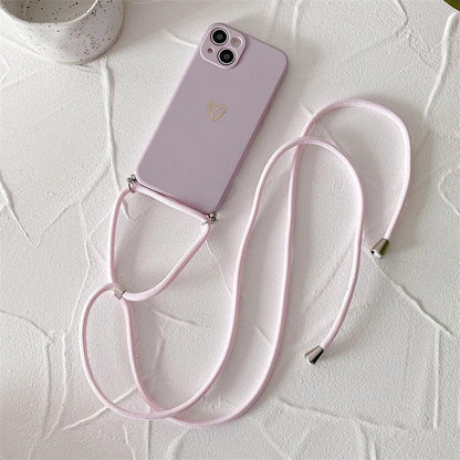 Crossbody Lanyard Silicone Phone Case For iPhone 15 14 11 12 13 Pro Max Mini 8 7 6 Plus 10 X Xr Xs Max SE 2020 Love Heart Cover