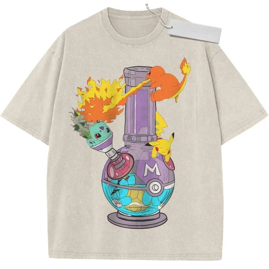 T Shirt Sports T Shirt Short Sleeve T Shirt Rose Red Unisex Pure Cotton Washed Vintage Pokemon Bulbasaur Pikachu Charmander