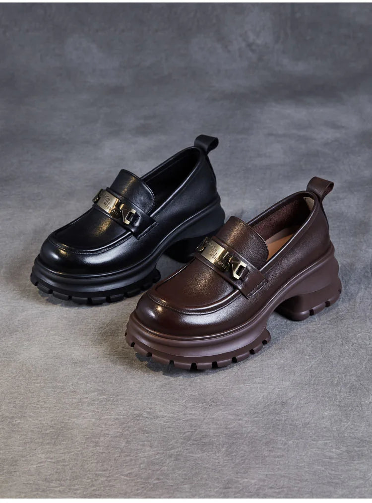 DRKANOL Women Genuine Leather Loafers 2026 Spring Autumn Thick High Heel Chunky Platform Handmade Retro Metal Trend Casual Shoes