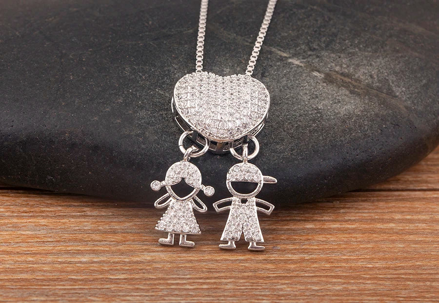 New Trendy Classic Design Shiny Crystal Zircon Charm Boy/Girl Pendant Necklaces For Women Mother's Day Chain Choker Jewelry Gift