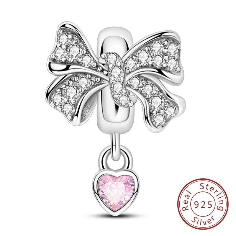 925 Silver Valentine's Day Charms Bead Sparkling Sweet Heart Rose Bear Charm Fit Original Bracelet Bangle Woman DIY Jewelry Gift