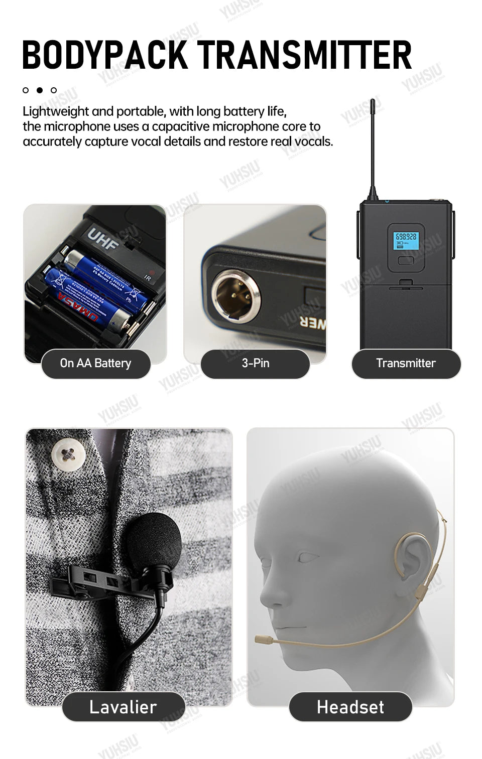 YUHSIU Professional UHF Wireless Microphone 8 channels Handheld lavalier Headset FM Mic For stage performance Band conference
