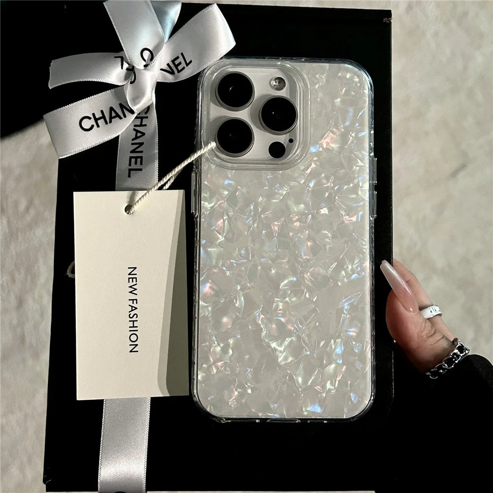 Luxury Glitter Shell Pattern Laser Case For iPhone 16 Pro Max 15 14 Plus 13 12 11 Aurora IMD Shockproof Protection Hard Cover