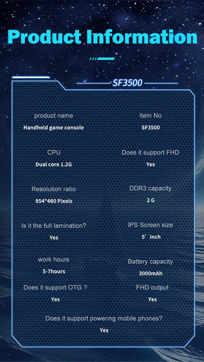 Multifunctional 5 Inch IPS HD Retro Handheld Game Console SF3500 Support Multi-System with FHD Port& Dual Core,256GB Expandable