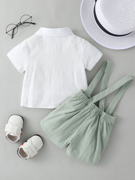 2PCS Baby Boy Gentleman Outfit Clothes Solid Color Short Sleeves shirt with Bow Tie and Overalls Shorts Set for Formal Wear Sets