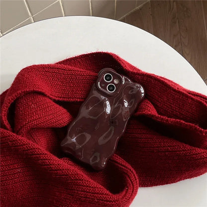 Casing Wine Red Phone Case Compatible for IPhone 11 13 12 14 Pro Max Luxury Luxury glossy wave pattern Solid Color Phone Cover