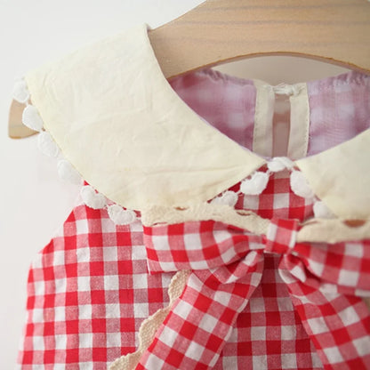 Girls Dresses Summer Cotton Red Checkered Bow Sleeveless Baby Girl Dress Cartoon Casual Beach Baby Clothing
