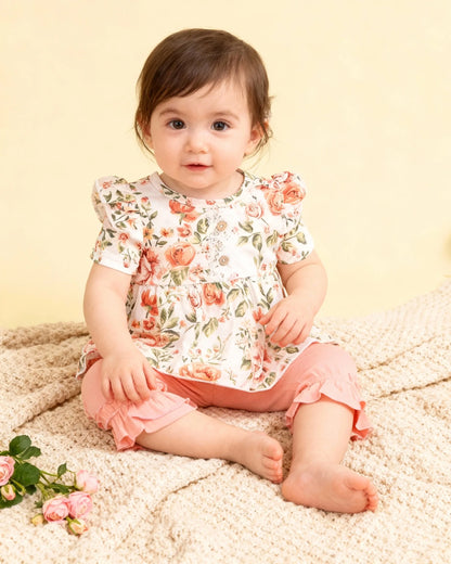 Top Rated Trending Baby Girl (0-4Y) Floral Print Ruffle Top & Lace Trim Pants 2pc Set: Soft Breathable Cotton, Skin-Friendly