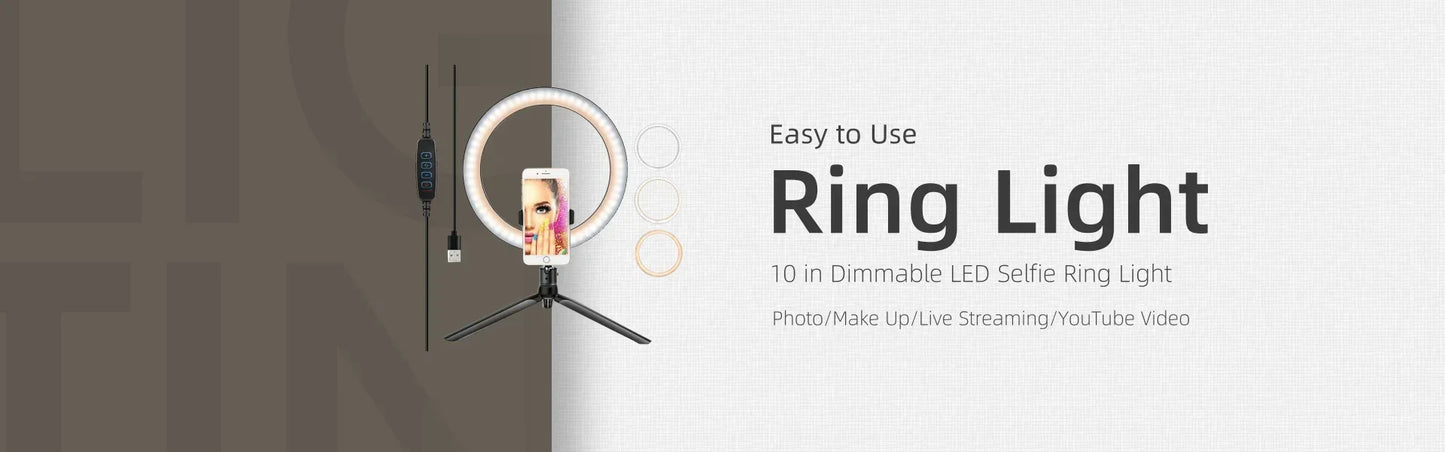10" 26cm LED Selfie Ring Light Photography Video Light RingLight Phone Stand Tripod Fill Light Dimmable Lamp Trepied Streaming