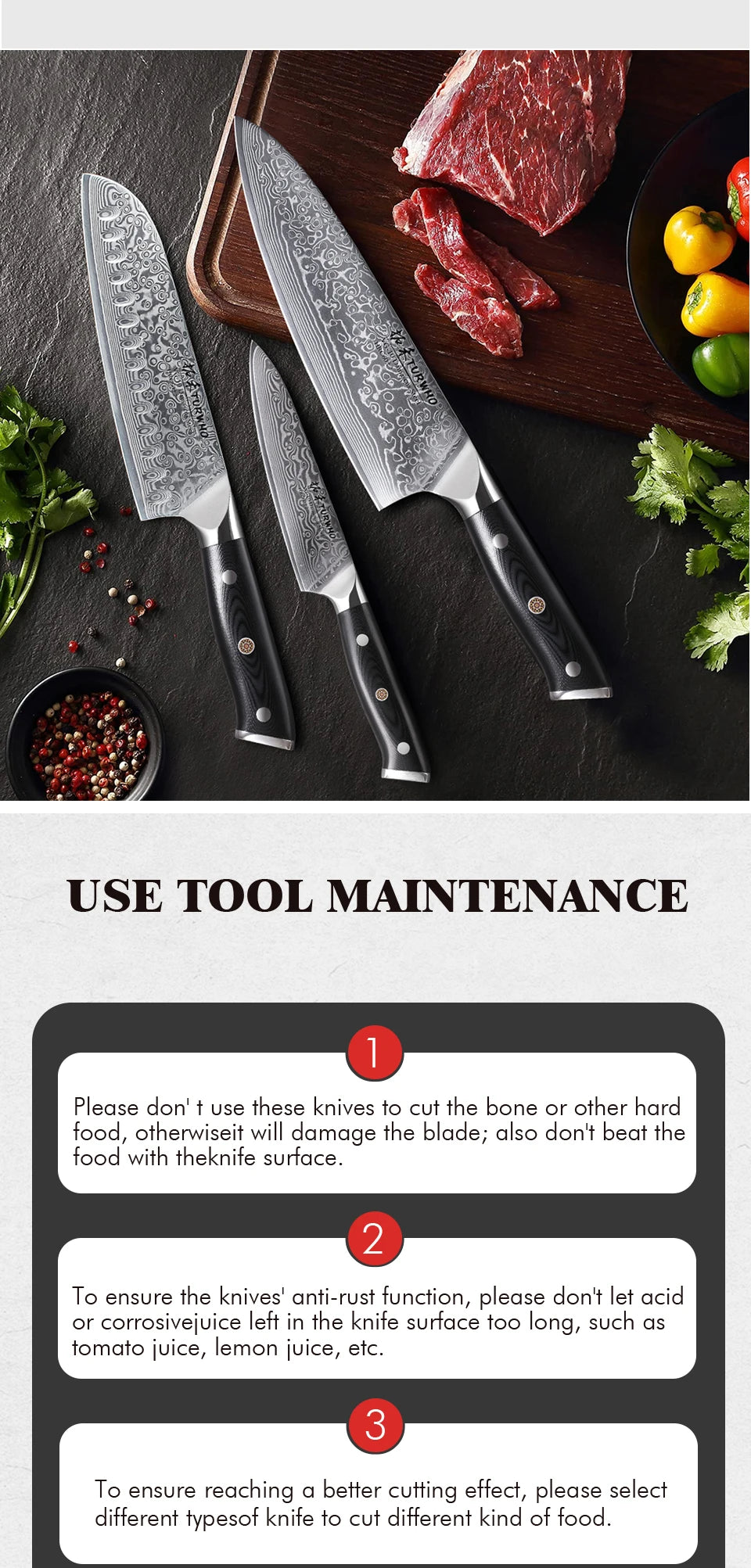 TURWHO 1PC-3PCS Professional Kitchen Knives Set Utility Santoku Chef Knife Japanese 67 Layer Damascus Steel G10 Handles Gift Box