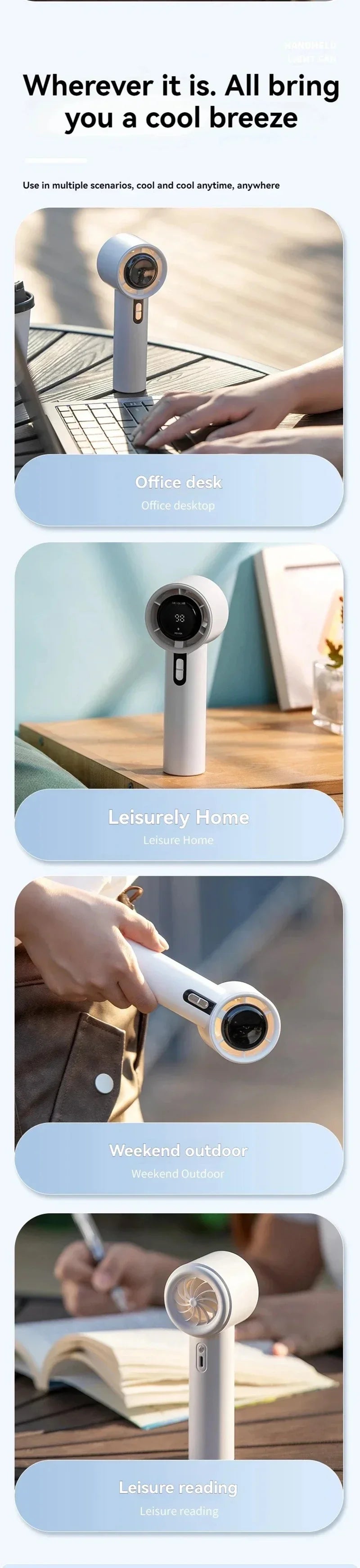 Lenovo Ultra Quiet 100 Speed Handheld Fan USB Rechargeable Portable Mini Turbo Fan for Office Outdoor Travel with LEDIndicator