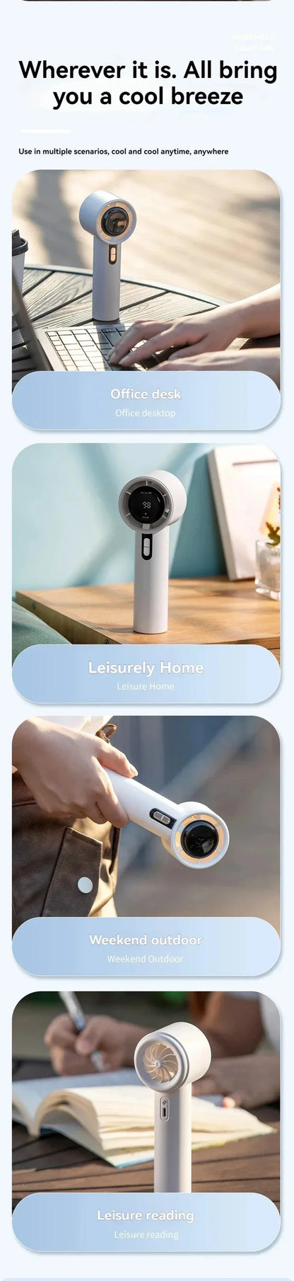 Lenovo Ultra Quiet 100 Speed Handheld Fan USB Rechargeable Portable Mini Turbo Fan for Office Outdoor Travel with LEDIndicator