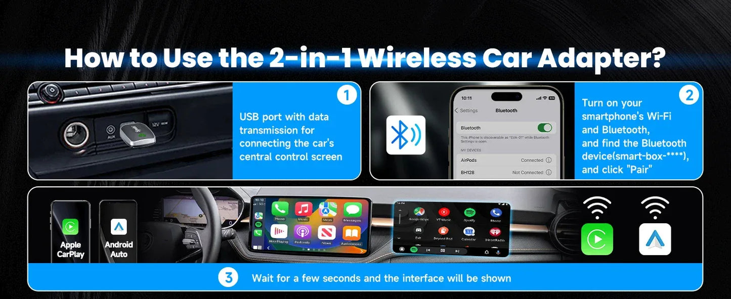 Carplay Android Auto Wireless Adapter 2 in 1 Carplay Adapter for OEM Car Stereo with USB Plug and Play Wired To Wireless