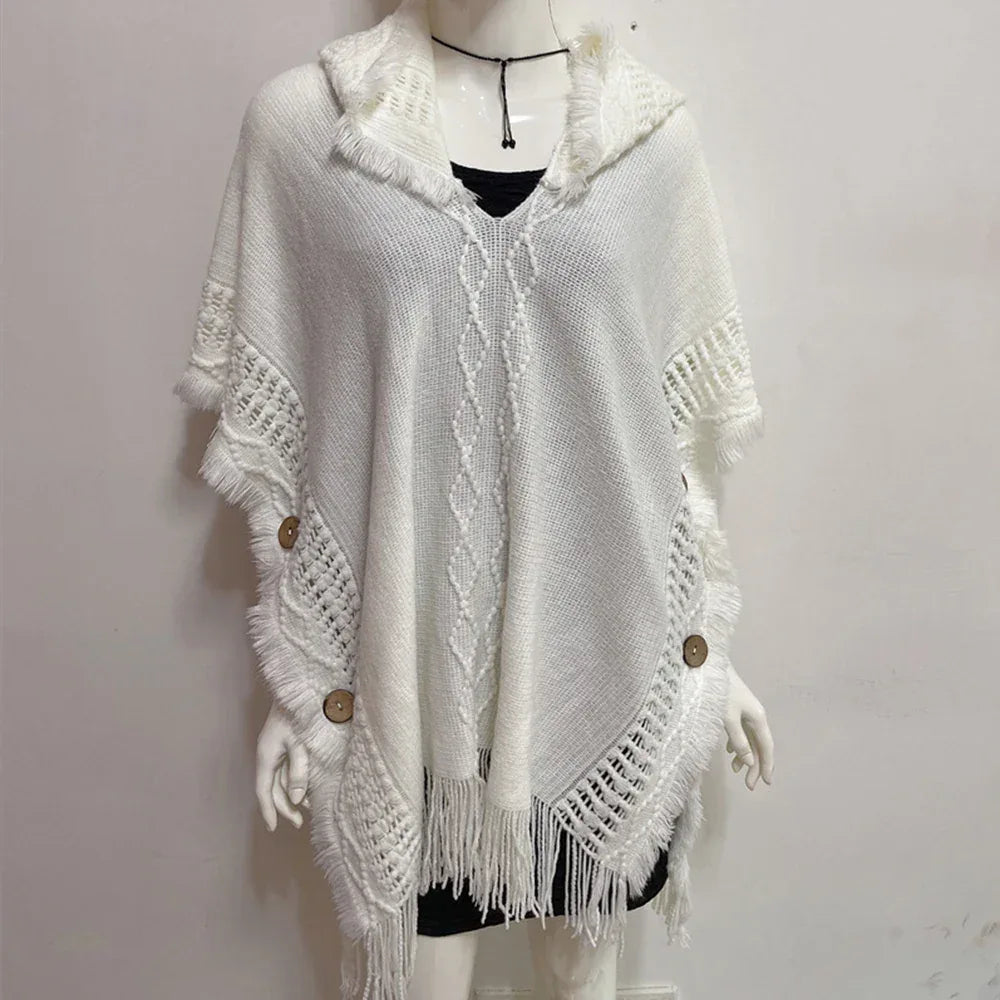 Women Knitted Cape Shawl Wrap Cloak Ethnic Hooded Poncho Hoody Jumper Sweater Tassels Dropshipping