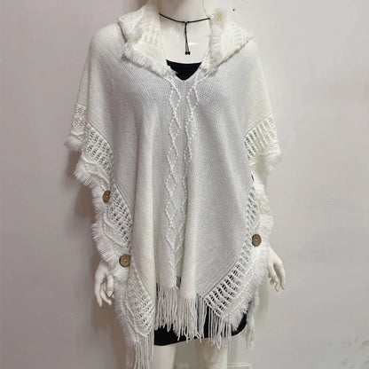 Women Knitted Cape Shawl Wrap Cloak Ethnic Hooded Poncho Hoody Jumper Sweater Tassels Dropshipping