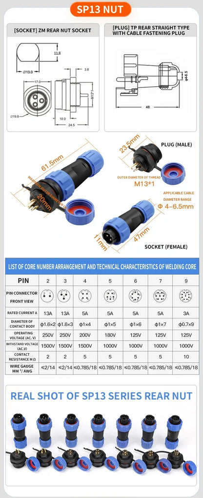 SP17 IP68 2 3 4 5 7 9 Pin Waterproof Connector Cable Adapter  Industrial Panel Mount Wire Connector Plug