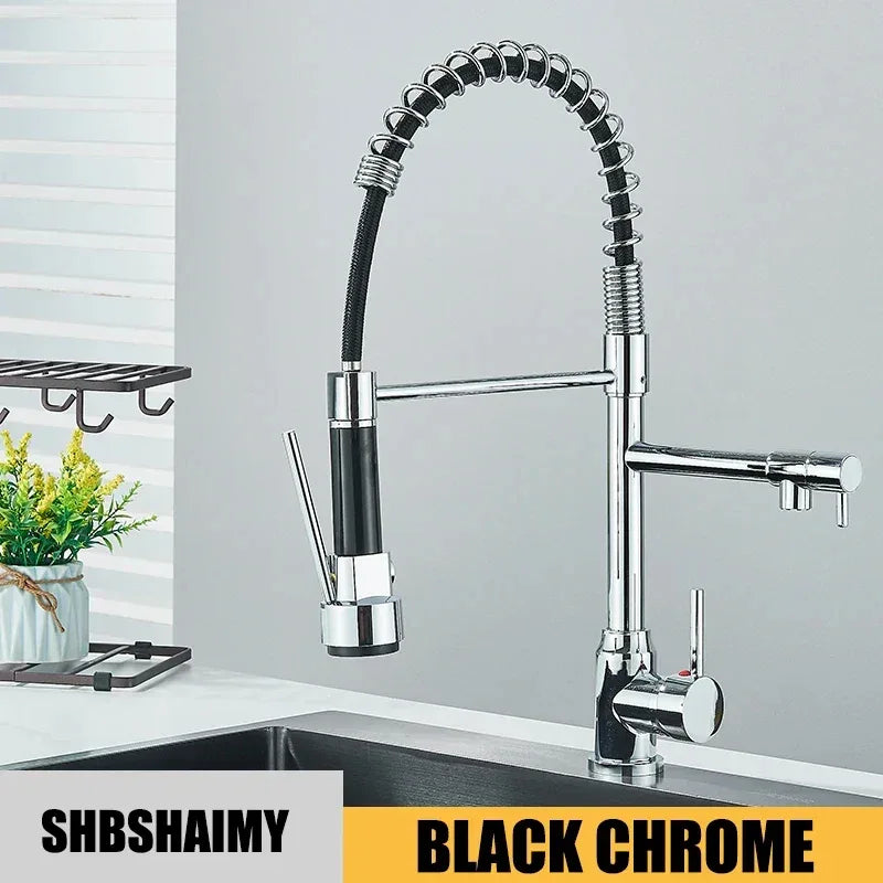 Kitchen Sink Faucet Pull Down Hot and Cold Water Mixer2 Mode Tap with Dual Spout 360 Rotation Flexible Deck Mounted