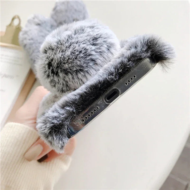 Soft Plush Phone Case For Xiaom Poco C85 C75 C71 C65 C61 C55 C51 C50 C40 C31 C3 Warm Winter Furry Rabbit Bunny Fur Cover