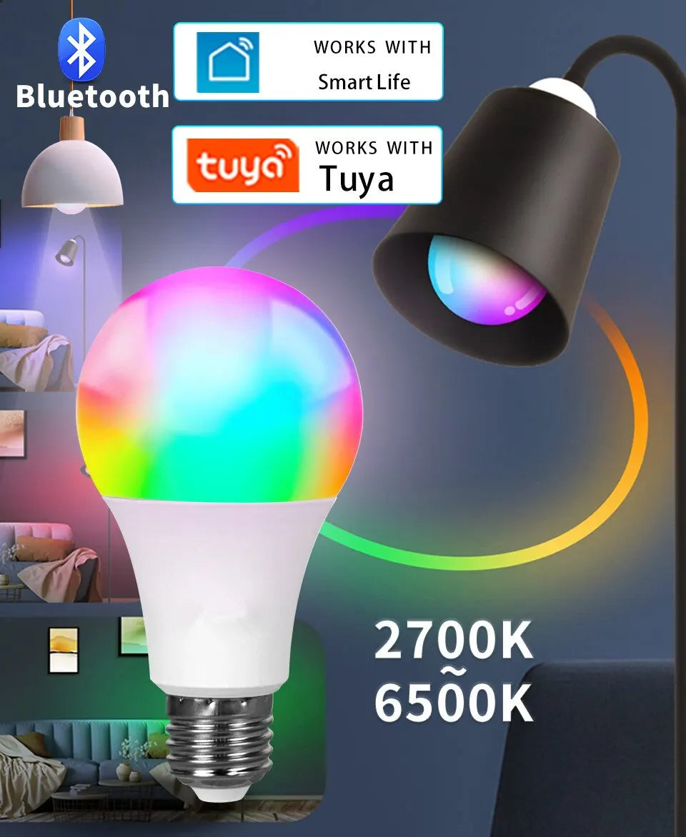 Tuya APP Bluetooth Smart WiFi RGB LED Bulbs Music Sync Dimmable Colourful RGB+CCT E27 LED Lamp For Bedroom Party Decor Lighting