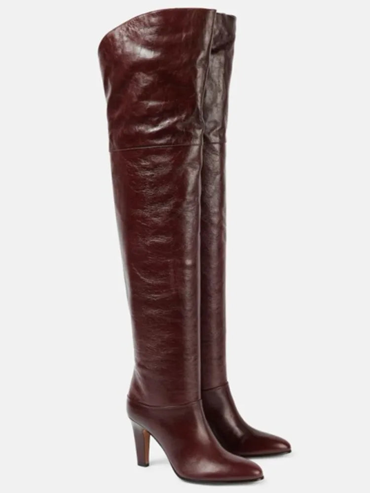 Autumn and Winter Women's Thick High-heeled Knee High Boots, Round Headed Cowhide Suede Fashionable Women's Plus Size Boots