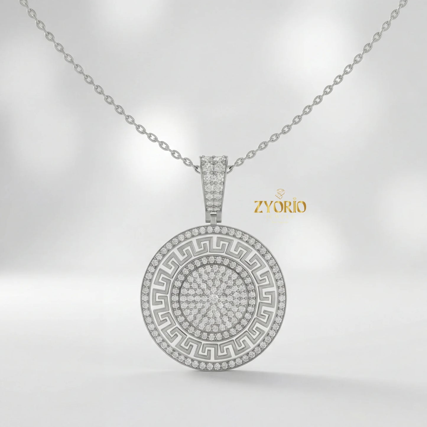 Gold Plated Greek Key Diamond Medallion Link Chain Pendant Luxury Engagement Wedding Anniversary Party Jewelry
