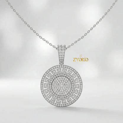 Gold Plated Greek Key Diamond Medallion Link Chain Pendant Luxury Engagement Wedding Anniversary Party Jewelry