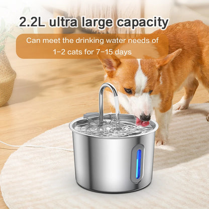 Stainless Steel Cat & Dog Water Fountain 2.2L Ultra Quiet USB Powered Automatic Pet Drinking Fountain Durable for Indoor Pets