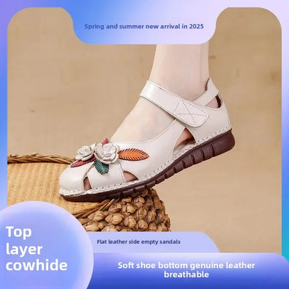 New 2025 Ladies Flat Sandals Soft Leather Anti-Slip Bottom Ethnic Style Comfortable Soft Surface Design for Elderly People