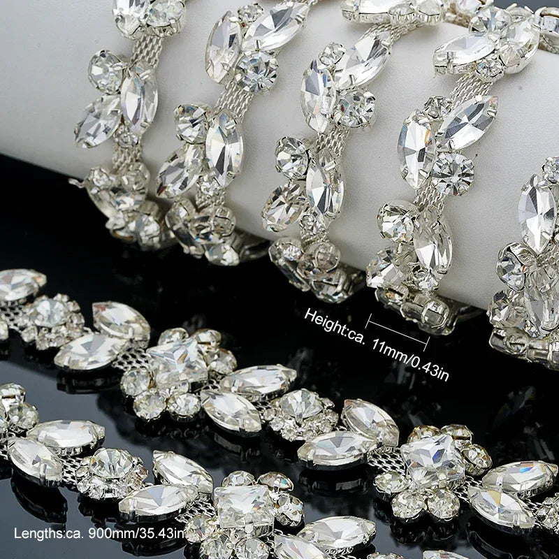 QIAO 90cm Rhinestone Crystal Chain Diamante Lace Diamond Trim Ribbon Necklace Applique Gem Sparkle Wedding Dress for DIY Craft