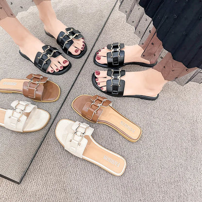 2024European and American Style Summer Fashion Out Flip-flops Flat Leisure Horse with Buckle Temperament One Line Slippers Woman