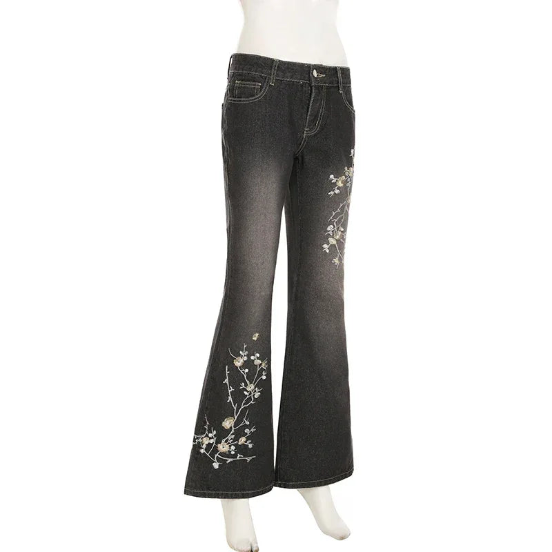 Floral Embroidery Jeans Women Y2K Streetwear Baggy Denim Pants Vintage 2000S Low Rise Flared Jeans Female High Street Trousers