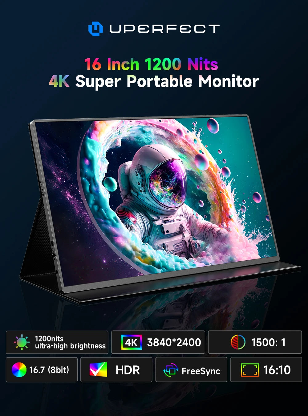 UPERFECT 16' 1200 Nits 4K Portable Monitor for Laptop 3840*2400 UHD 100% SRGB IPS HDR Speakers External Travel Gaming Display