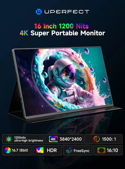 UPERFECT 16' 1200 Nits 4K Portable Monitor for Laptop 3840*2400 UHD 100% SRGB IPS HDR Speakers External Travel Gaming Display