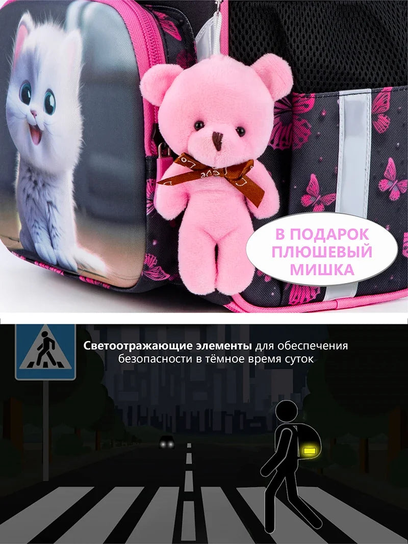Orthopedic School Backpack For Girls Cartoon Cat Primary School Grade 1 Students Bags Kids Satchels Female Bookbag 7-9 Years
