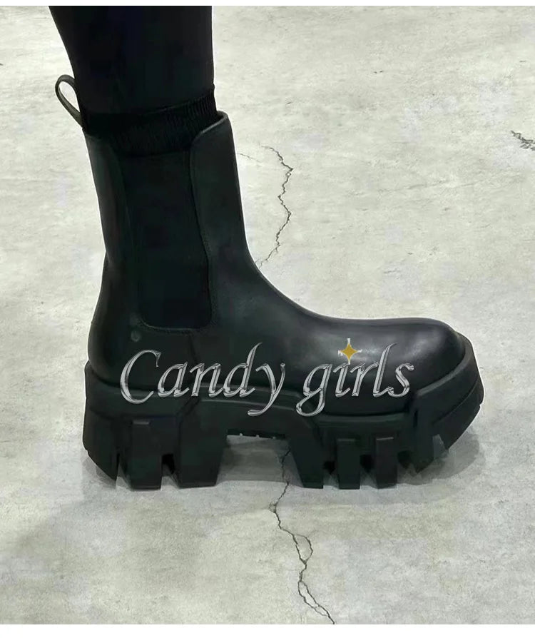 Retro Chelsea Mid-Calf for Women 2024 New round Toe Muffin Gear Platform Black Mid-Calf Length Motorcycle Boots
